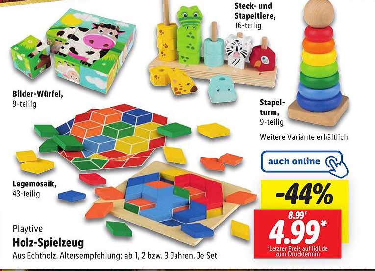 Bilder-Würfel, 9-teilig  
Legemosaik, 43-teilig  
Playtive Holz-Spielzeug  
Steck- und Stapeltiere, 16-teilig  
Stapelturn, 9-teilig  