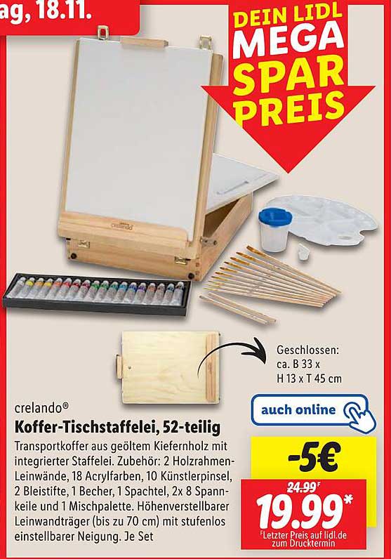 crelando® Koffer-Tischstaffelei, 52-teilig