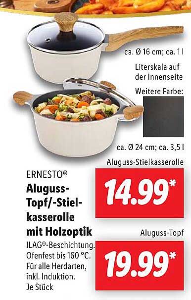 ERNESTO® Aluguss-Topf/-Stielkasserolle mit Holzoptik