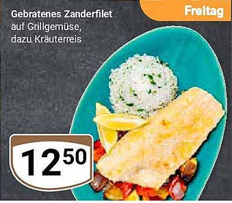 Gebratenes Zanderfilet auf Grillgemüse, dazu Kräuterreis