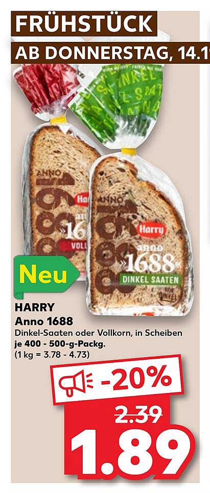 Harry Anno 1688 Dinkel-Saaten oder Vollkorn, in Scheiben