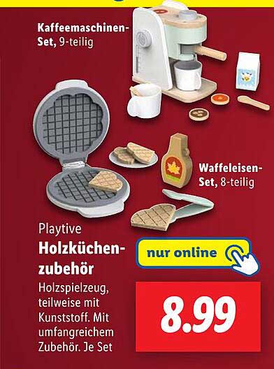 Kaffeemaschinen-Set, 9-teilig  
Waffeleisen-Set, 8-teilig  
Playtive Holzküchenzubehör