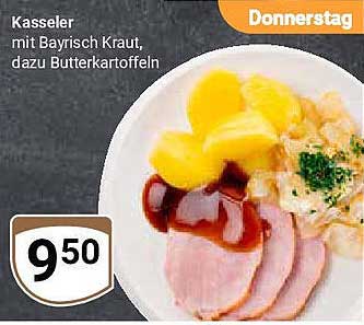 Kasseler mit Bayrisch Kraut, dazu Butterkartoffeln