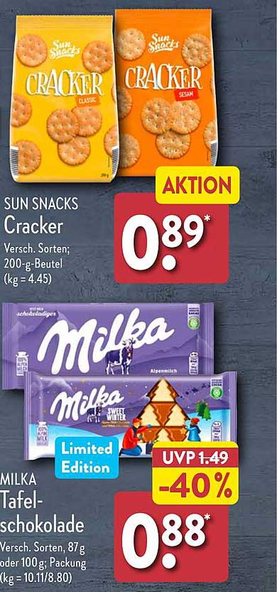 SUN SNACKS Cracker  
MILKA Tafelschokolade