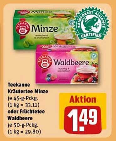 Teekanne Kräutertee Minze je 45-g-Pckg. oder Früchtetee Waldbeere je 50-g-Pckg.