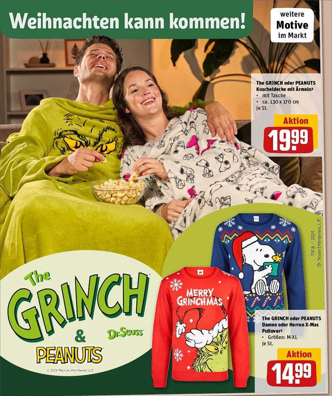 The GRINCH oder PEANUTS Kuscheldecke mit Ärmeln  
The GRINCH oder PEANUTS Damen oder Herren X-Mas Pullover  