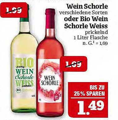 Wein Schorle verschiedene Sorten oder Bio Wein Schorle Weiss