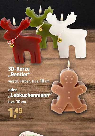 3D-Kerze „Rentier“ oder „Lebkuchenmann“