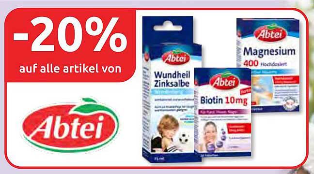 Abtei Wundheil Zinksalbe  
Abtei Biotin 10 mg  
Abtei Magnesium 400 Hochdosiert  