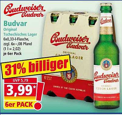 Budvar Original Tschechisches Lager 6x0,33-l-Flasche