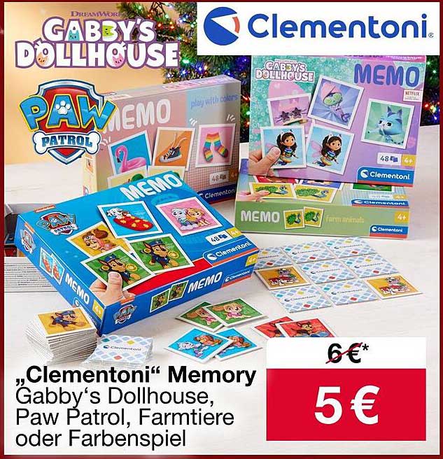 „Clementoni“ Memory Gabby’s Dollhouse, Paw Patrol, Farmtiere oder Farbspeil