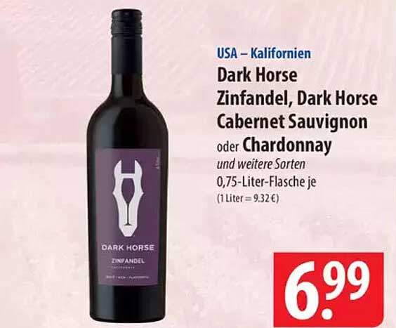 Dark Horse Zinfandel, Dark Horse Cabernet Sauvignon oder Chardonnay