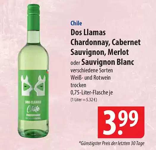 Dos Llamas Chardonnay, Cabernet Sauvignon, Merlot oder Sauvignon Blanc