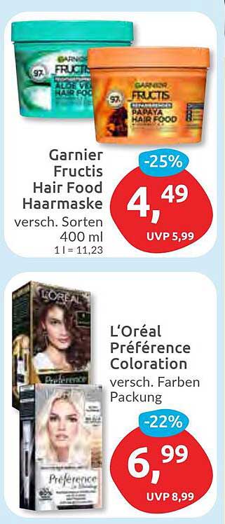 Garnier Fructis Hair Food Haarmaske  
L’Oréal Préférence Coloration