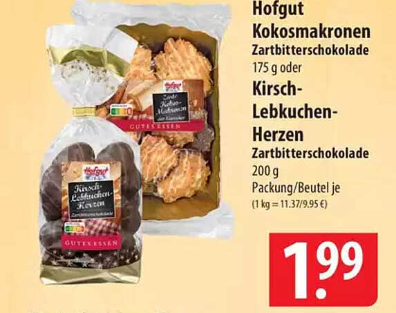 Hofgut Kokosmakronen Zartbitterschokolade oder Kirsch-Lebkuchen-Herzen Zartbitterschokolade