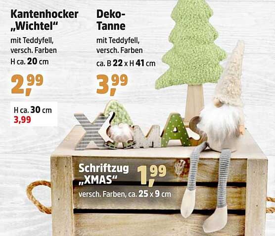 Kantenhocker „Wichtel“  
Deko-Tanne  
Schriftzug „XMAS“  