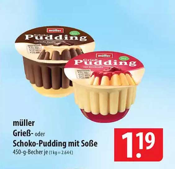 müller Grieß- oder Schoko-Pudding mit Soße