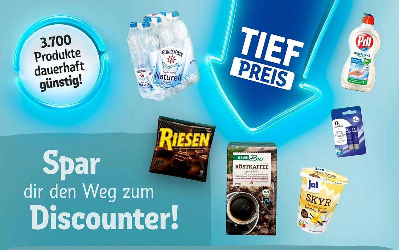 Gerolsteiner Naturell  
Riesen  
REWE Bio Röstkaffee  
ja! SKYR Bourbon-Vanille  