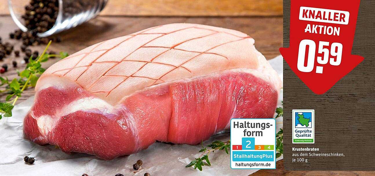 Krustenbraten aus dem Schweinehinken, je 100 g