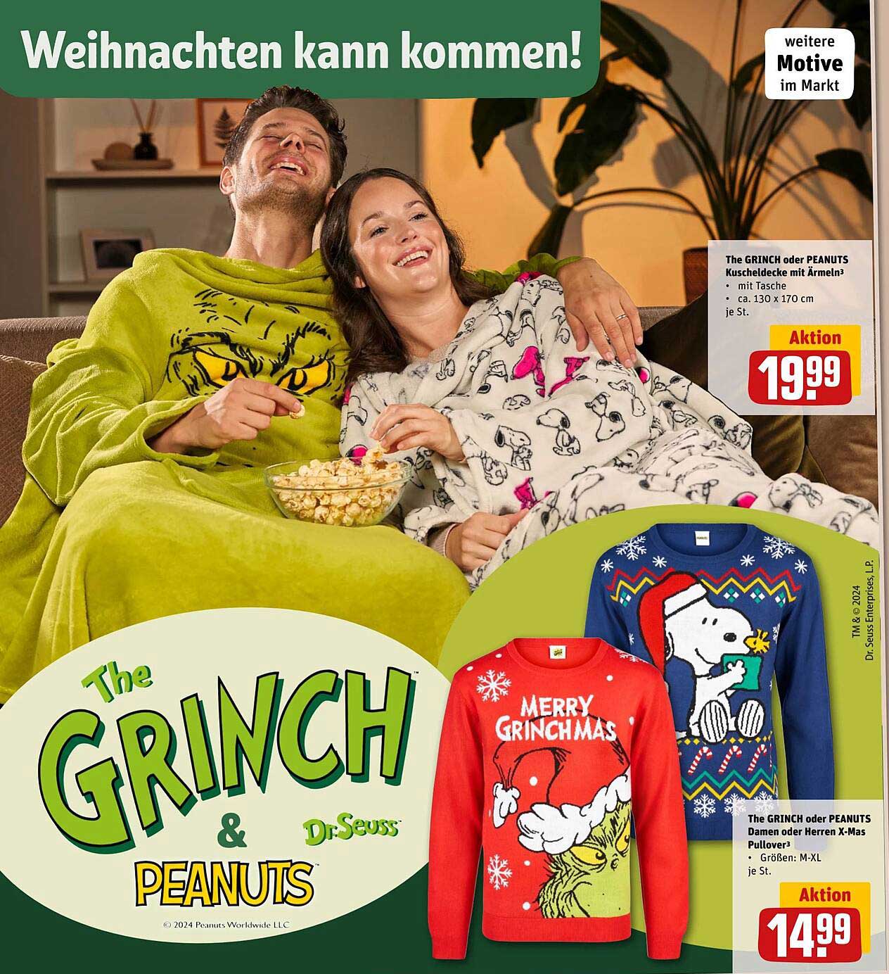 The GRINCH oder PEANUTS Kuscheldecke mit Ärmeln  
The GRINCH oder PEANUTS Damen oder Herren X-Mas Pullover