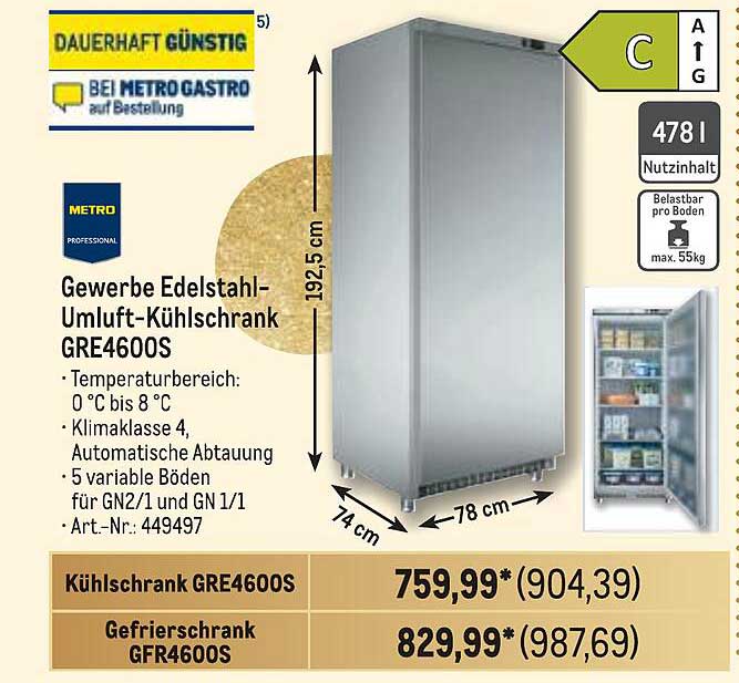 Gewerbe Edelstahl-Umluft-Kühlschrank GRE4600S