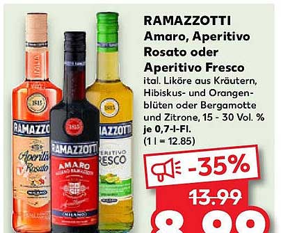 RAMAZZOTTI Amaro, Aperitivo Rosato oder Aperitivo Fresco