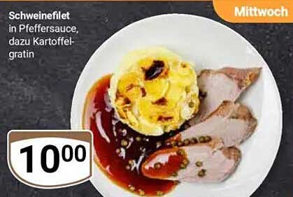 Schweinefilet in Pfeffersauce, dazu Kartoffelgratin