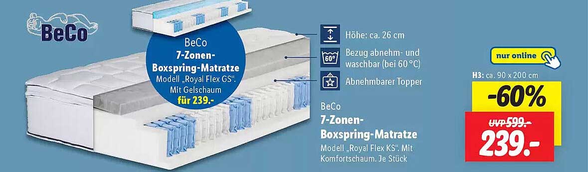 BeCo 7-Zonen-Boxspring-Matratze Modell „Royal Flex GS“ Mit Gelschaum