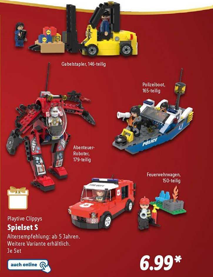 Gabelstapler, 146-teilig  
Abenteuer-Roboter, 179-teilig  
Polizeiboot, 165-teilig  
Feuerwehrwagen, 150-teilig  
Playtive Clippys Spielset S