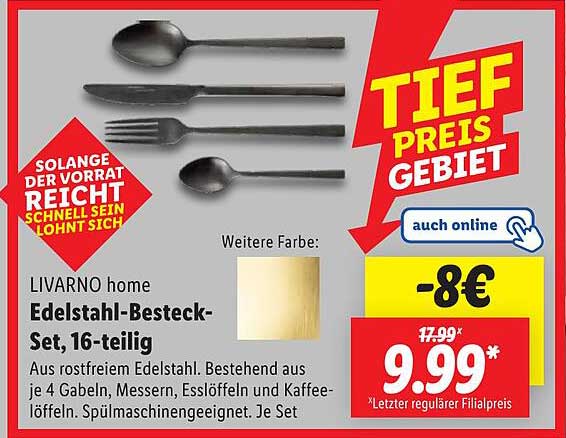 LIVARNO home Edelstahl-Besteck-Set, 16-teilig