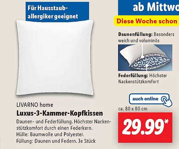 LIVARNO home Luxus-3-Kammer-Kopfkissen