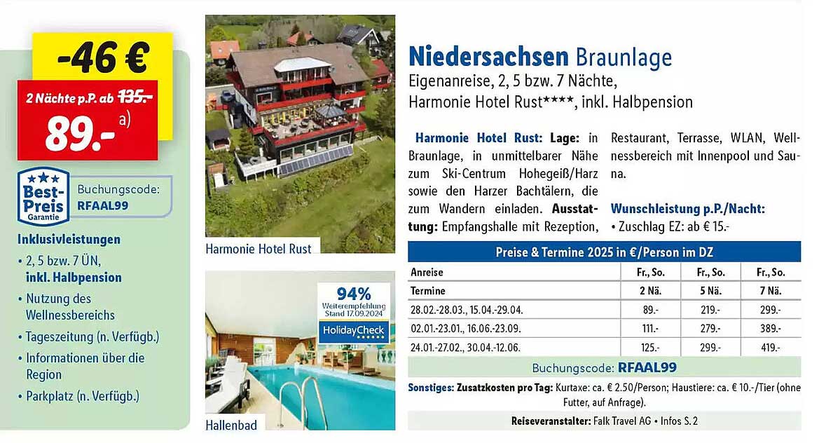 Niedersachsen Braunlage Eigenreise, 2, 5 bzw. 7 Nächte, Harmonie Hotel Rust****, inkl. Halbpension