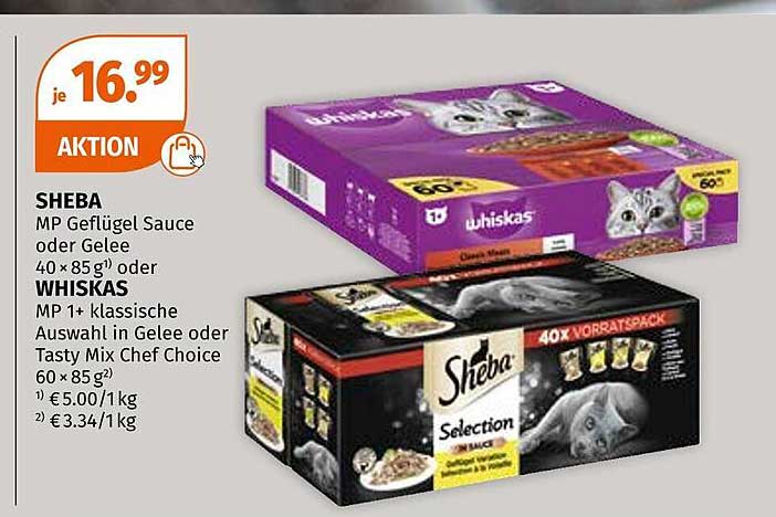 SHEBA MP Geflügel Sauce oder Gelee oder WHISKAS MP 1+ klassische Auswahl in Gelee oder Tasty Mix Chef Choice