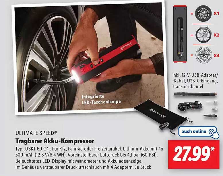 ULTIMATE SPEED® Tragbarer Akku-Kompressor