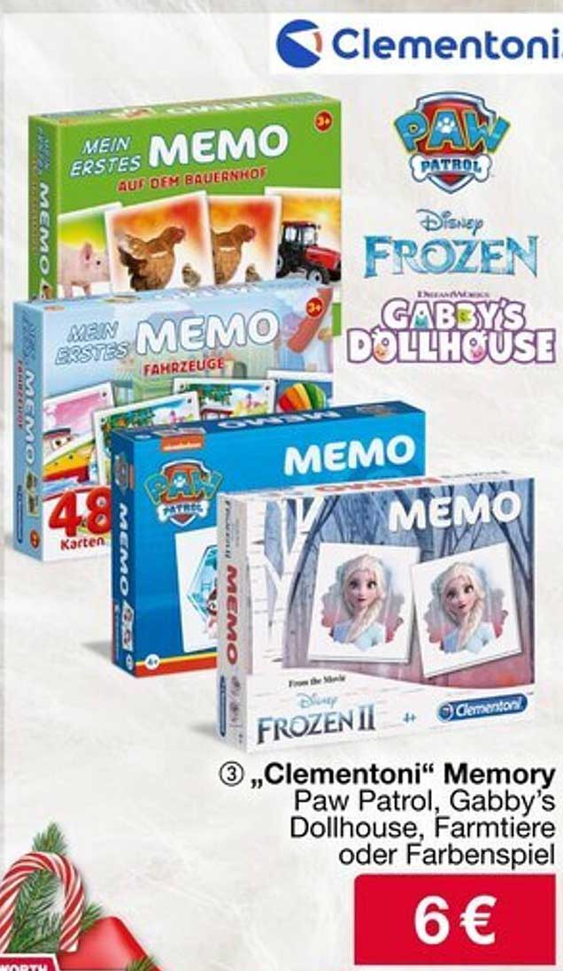 Clementoni Memory Paw Patrol, Gabby's Dollhouse, Farmtiere oder Farbenspiel