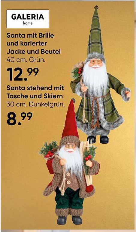 Santa mit Brille und karierter Jacke und Beutel  
Santa stehend mit Tasche und Skiern