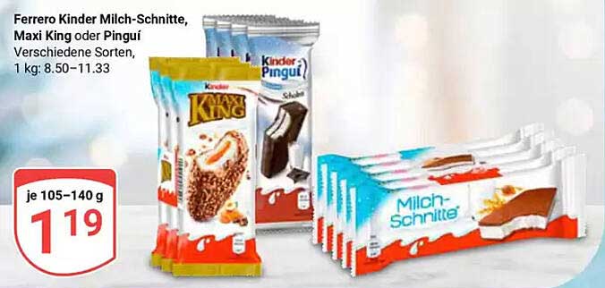 Ferrero Kinder Milch-Schnitte, Maxi King oder Pingui