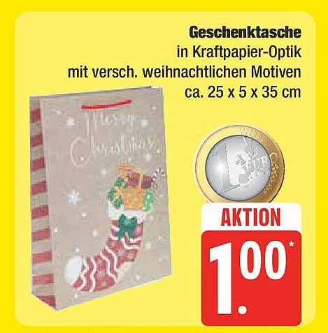 Geschenktasche in Kraftpapier-Optik mit versch. weihnachtlichen Motiven