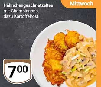 Hähnchengeschnetzeltes mit Champignons, dazu Kartoffelröstis