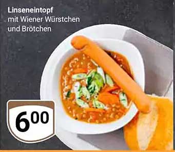 Linseneintopf mit Wiener Würstchen und Brötchen