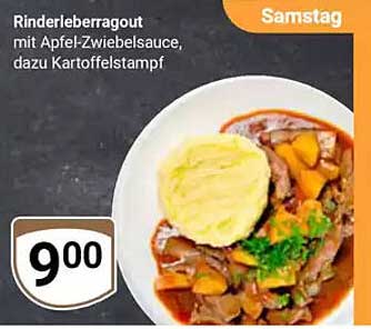 Rinderleberragout mit Apfel-Zwiebelsauce, dazu Kartoffelstampf