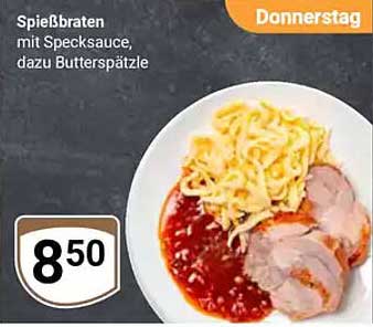 Spießbraten mit Specksauce, dazu Butterspätzle