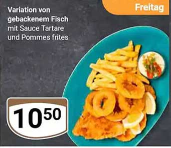 Variation von gebackenem Fisch mit Sauce Tartare und Pommes frites