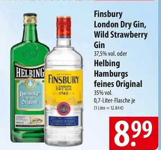 Finsbury London Dry Gin, Wild Strawberry Gin  
Helbing Hamburgs feines Original