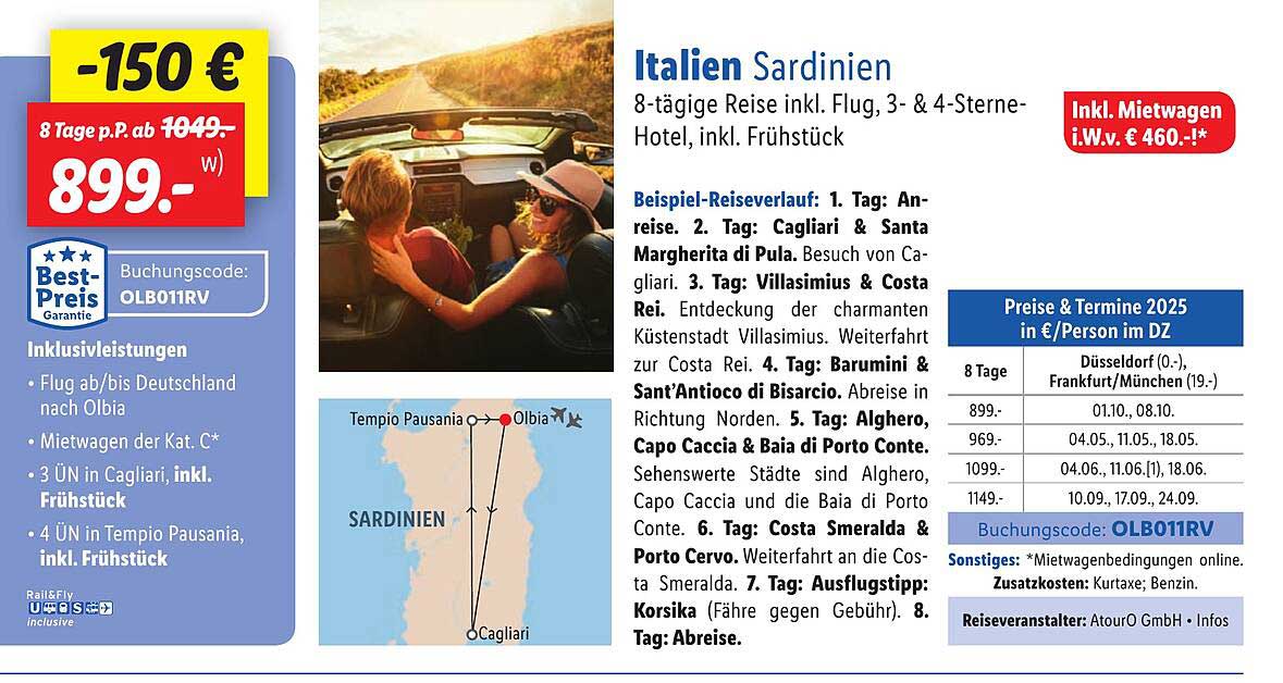 Italien Sardinien 8-tägige Reise inkl. Flug, 3- & 4-Sterne-Hotel, inkl. Frühstück