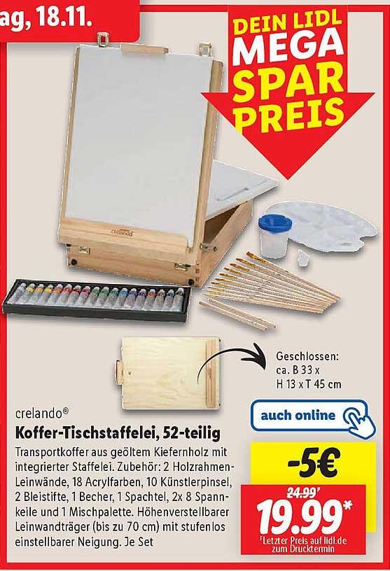 crelando® Koffer-Tischstaffelei, 52-teilig