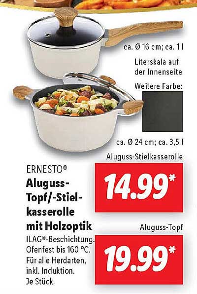 ERNESTO® Aluguss-Topf/-Stielkasserolle mit Holzoptik