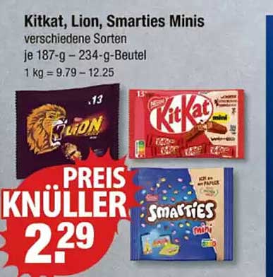 Kitkat, Lion, Smarties Minis