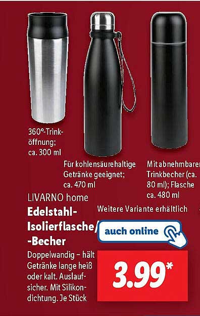 LIVARNO home Edelstahl-Isolierflasche-Becher