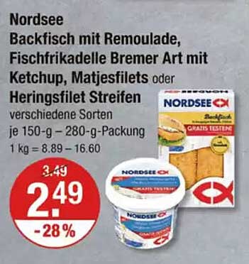 Nordsee Backfisch mit Remoulade, Fischfrikadelle Bremer Art mit Ketchup, Matjesfilets oder Heringsfilet Streifen